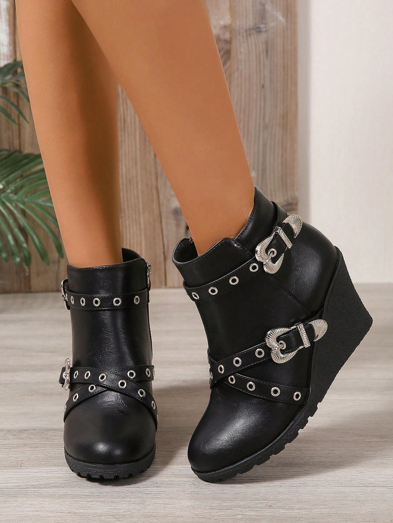 Black Rivet Strap Zip Side Block Heel Round Toe Ankle Boots, Chelsea Boots, Versatile And Elegant For Commuting And Daily Fashion