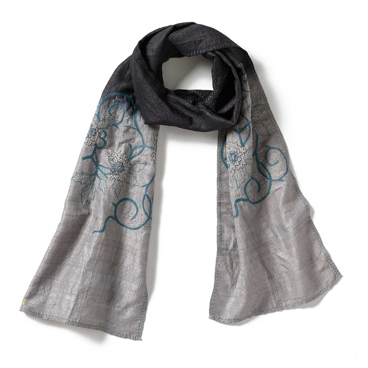 Navy Embroidered Silk Scarf