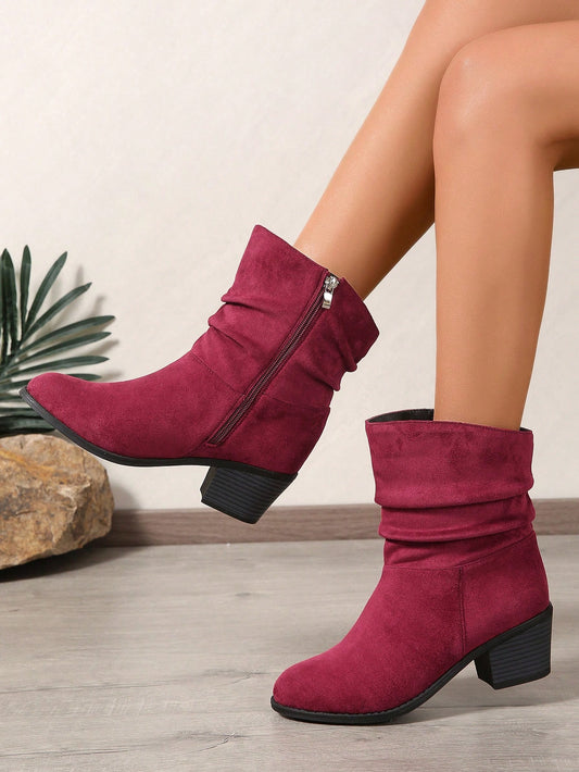 Wine Red Women Boots, Pleated Shaft, Ankle Length Side Zipper Design, Versatile, Elegant, Comfortable, Suitable For Commute, Autumn/Winter, Chunky Heel, Round Toe, Fashionable