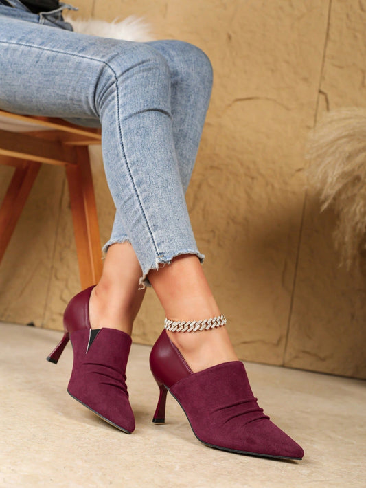 New Deep-V Shoes For Women, Burgundy Fashion Stiletto Ankle Boots, Pointed Toe Fabric & Soft Leather High Heels