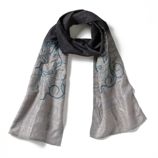 Navy Embroidered Silk Scarf