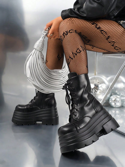 Mid-Calf Thick Sole Boots For Women, Dark Punk Style Fashion Booties