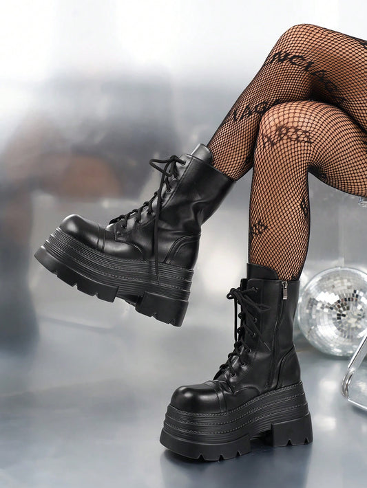 Mid-Calf Thick Sole Boots For Women, Dark Punk Style Fashion Booties