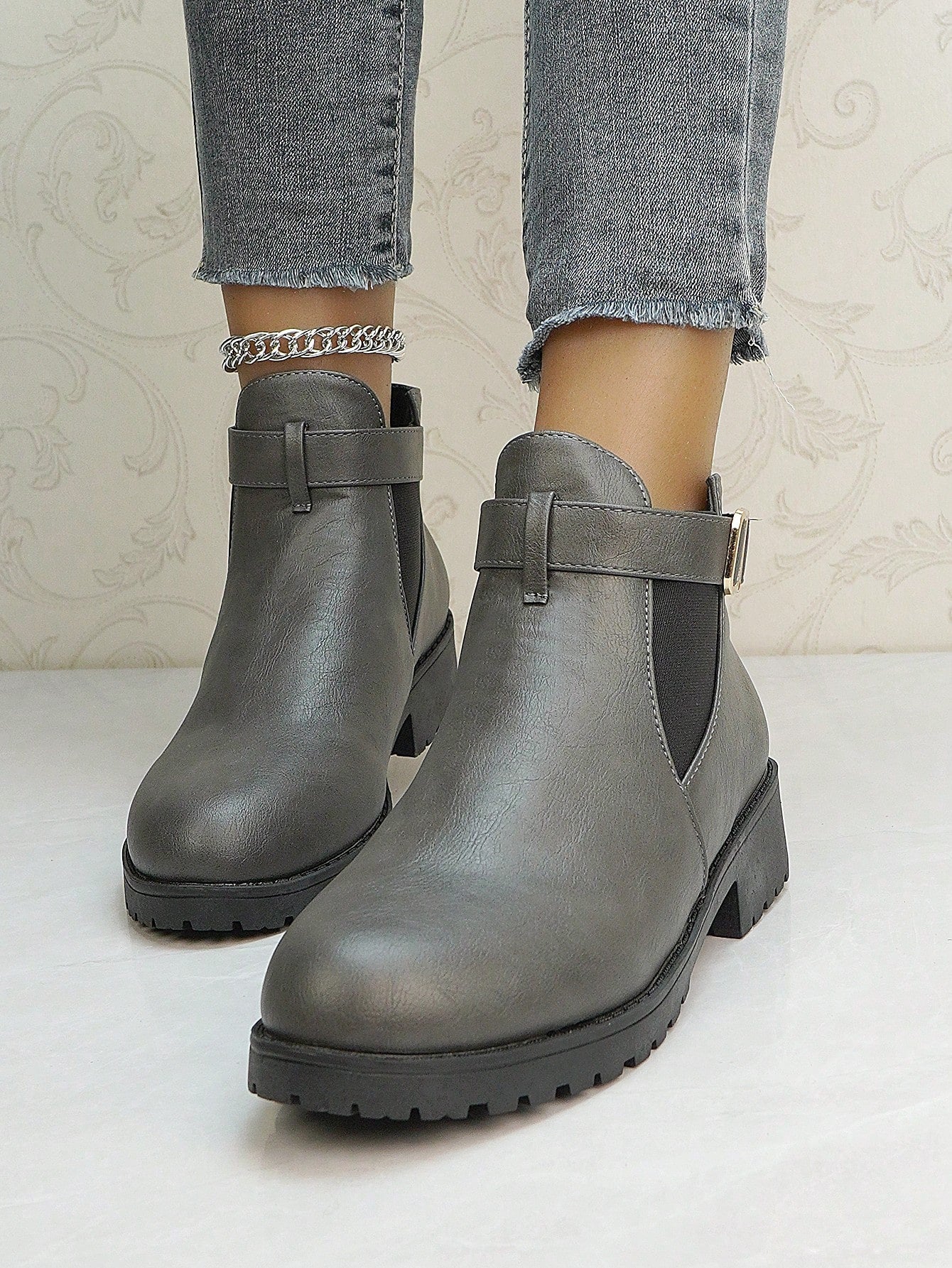 Fashionable Casual Shoes, Leather High-Top Ankle Boots, Black & White Short Boots With Metal Decor & Hook And Loop Design