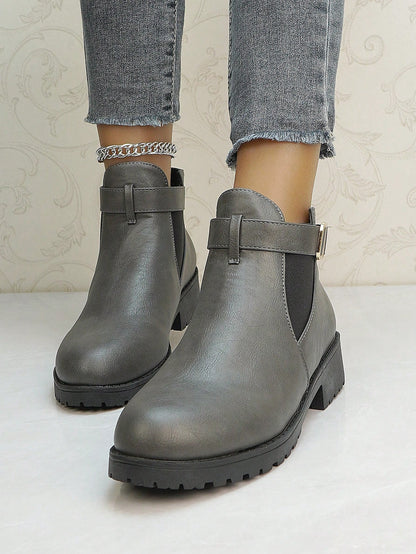 Fashionable Casual Shoes, Leather High-Top Ankle Boots, Black & White Short Boots With Metal Decor & Hook And Loop Design