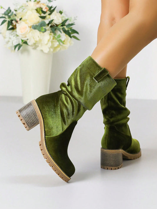 Autumn/Winter New Fashion Women Boots Casual Riding Boots Suede Round Toe Winter Boots Chunky High Heel Western Cowboy Boots Retro Versatile Brown Boots Thick Platform Mid-Calf Boots For Women, Suitable For Casual, Office, Home And Daily Wear